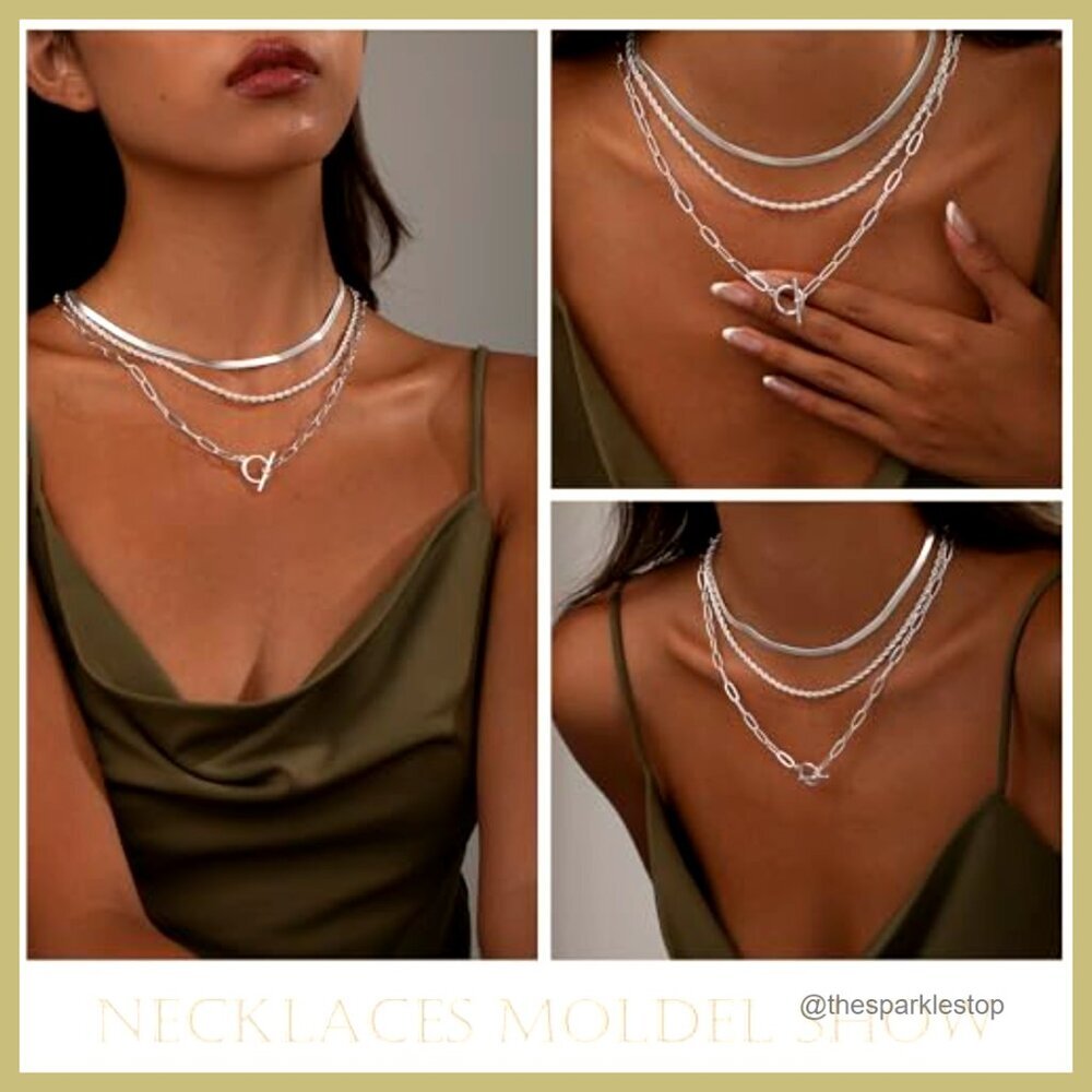 Sterling Silver Plated Chunky Layered Necklace Set Adjustable Toggle Clasp - Picture 5 of 7